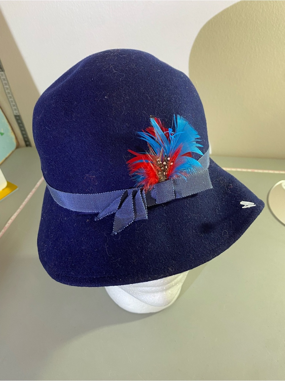 Doeskin Felt Womens Navy Felt Cloche Hat with Red & Blue Feather Accent 100%wool